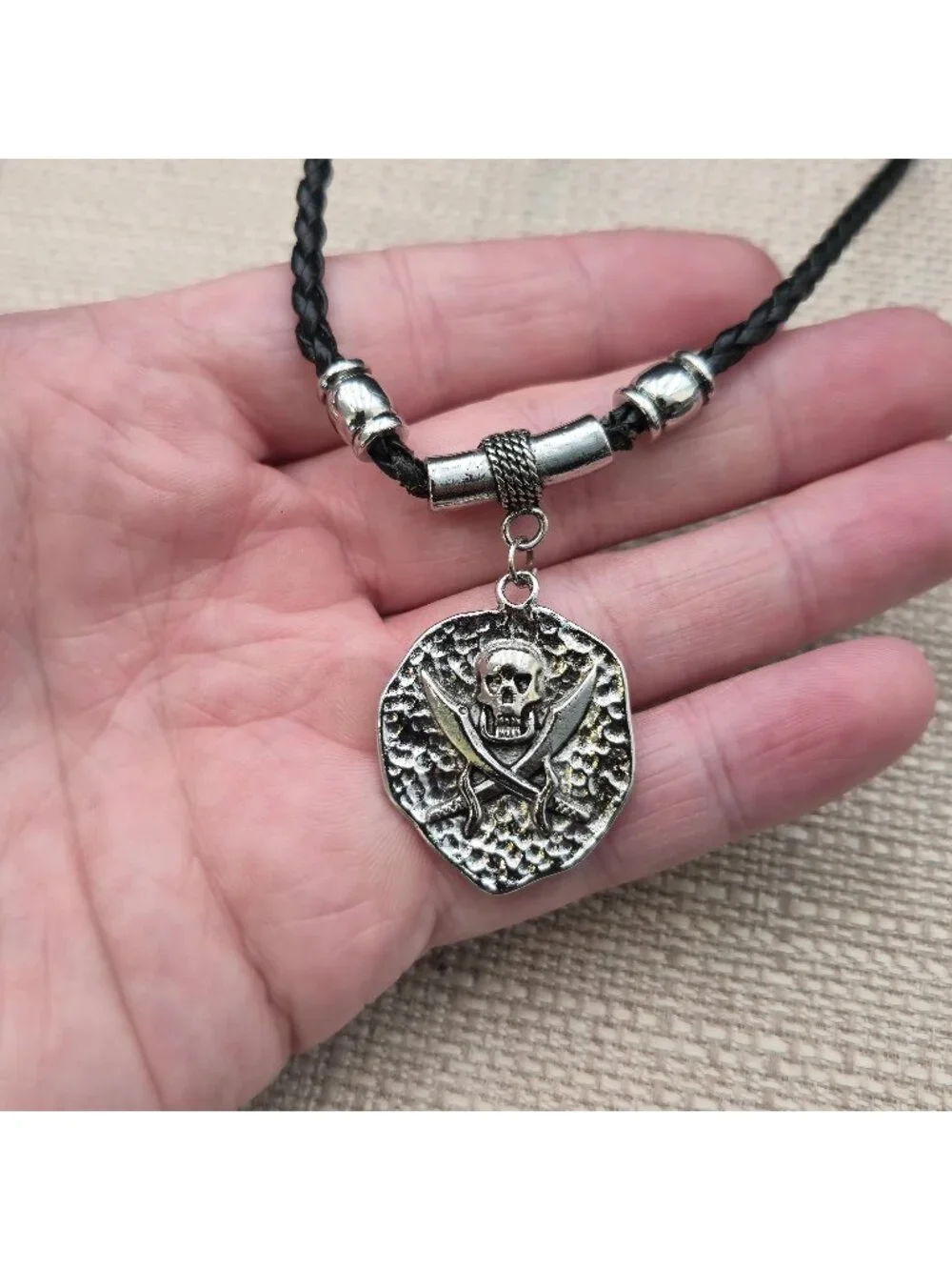 18 Inch Pirate Coin Skull Necklace, Braided Leather Cord, Gift for Men B1451
